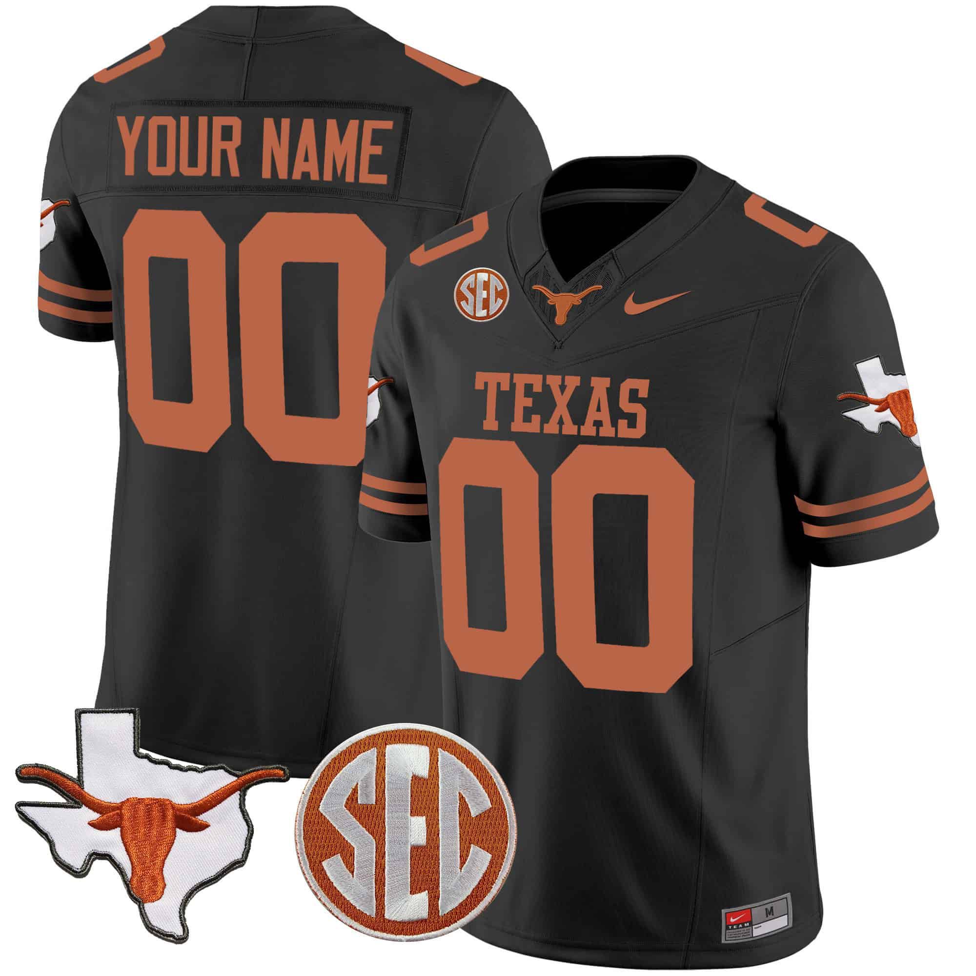 Men Texas Longhorns Black 2024 Nike State Map & SEC Patch Vapor Custom NCAA Jersey style 1